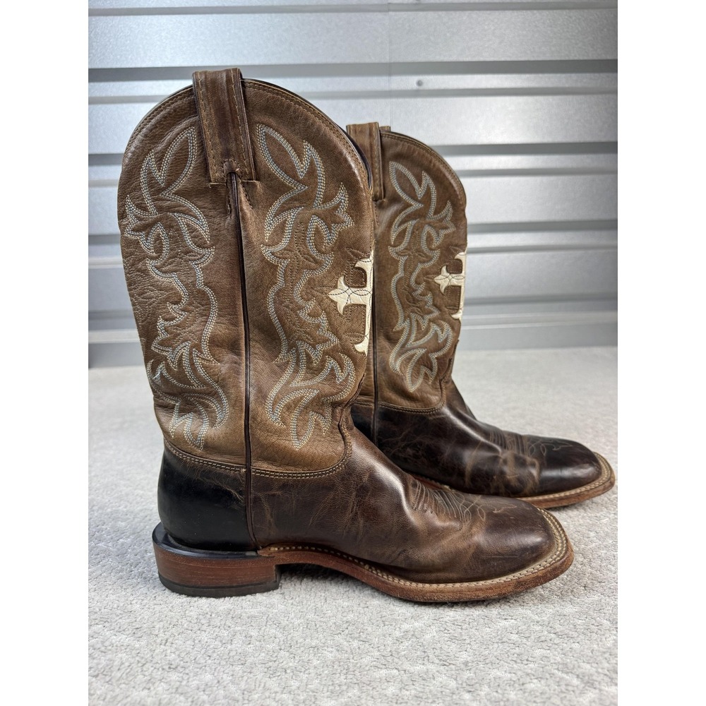 Tony Lama Boots Mens Size 8.5 B Brown Leather Western Roper Cross Inlay Cowboy